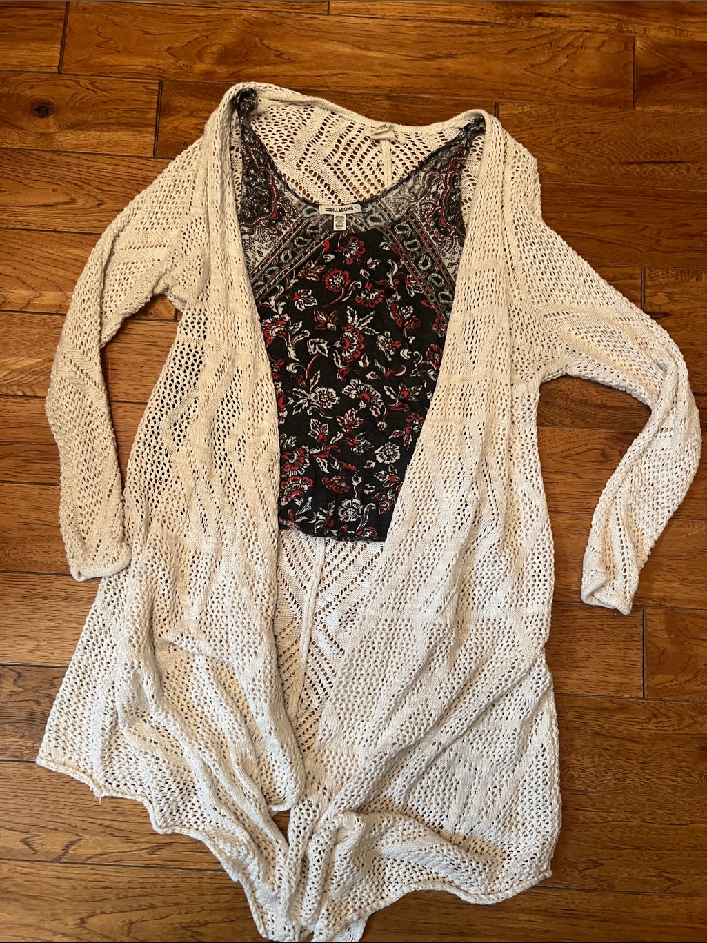 Billabong Cream Open-Weave Long Cardigan
